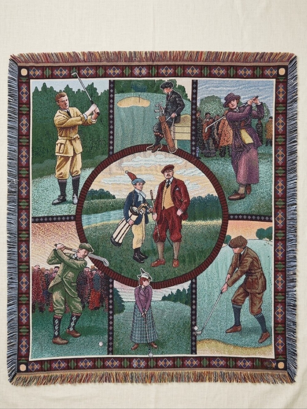 Vintage Golf Tapestry Blanket Woven Fringe Throw Country Club Decor Dad Gift Art